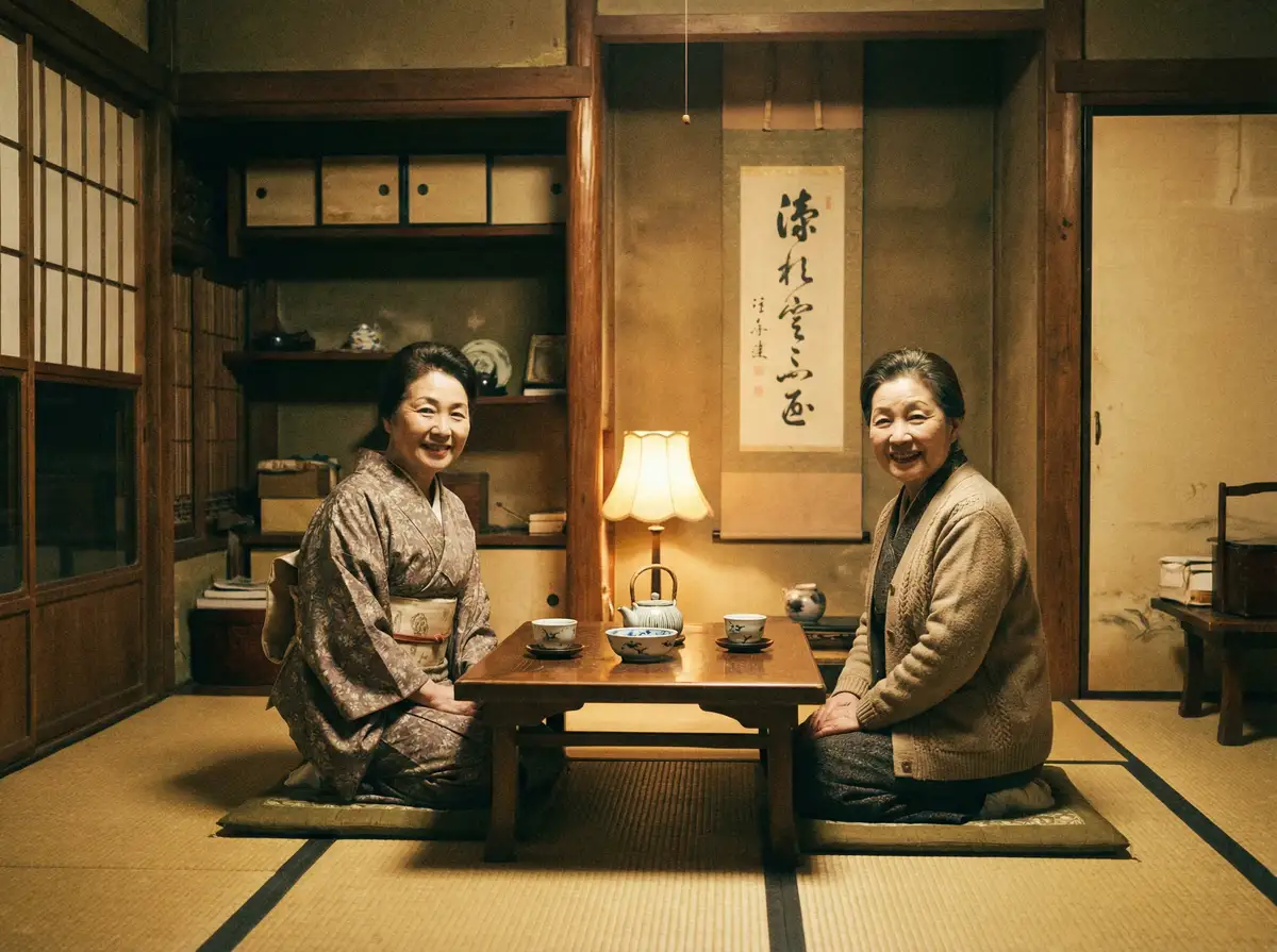 两位优雅的 OD体育 在日式茶室中品茶交谈